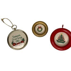 Cross Stitch Christmas Ornaments Trio Vintage Wreath Tree Vtg Gold Red Green